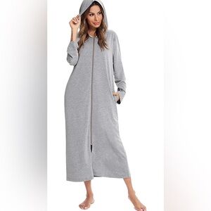 Gray Long Sleeve Hooded Zip-Up House Dress